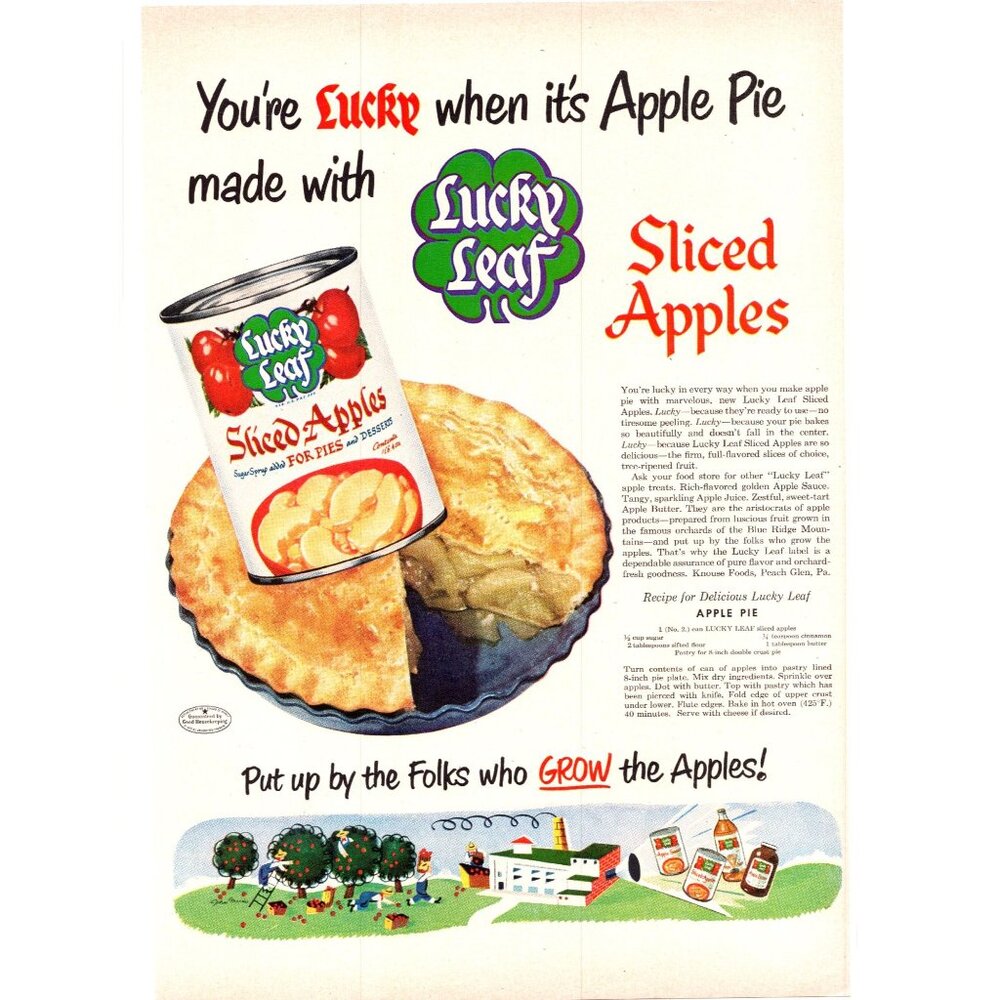 1950 Lucky Leaf Sliced Apples Vintage Print Ad Apple Pie Filling 50s Wall Art